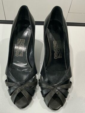 Salvatore Ferragamo, black leather peep toe pumps size 10